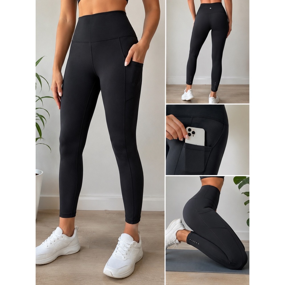 Crazy Yoga Womens High Waisted Pocket Leggings Black 7/8 Tights Reflective Dot